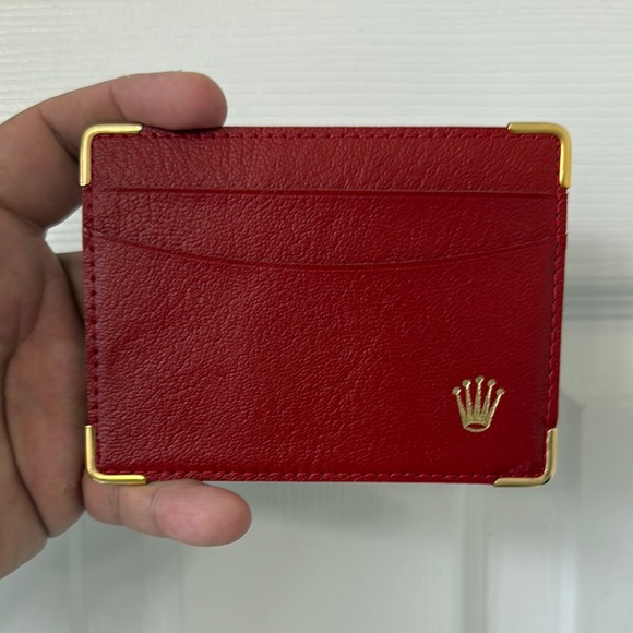 Red Leather Card Holder with Gold Accents